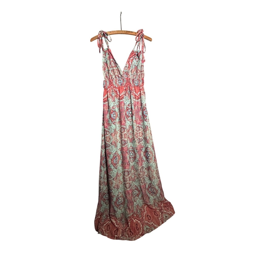 En Creme Womens M Paisley Print Tie Shoulder Smocked Maxi Dress Festival Boho